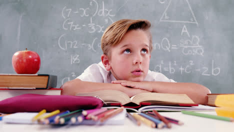 schoolboy reading book in classroom