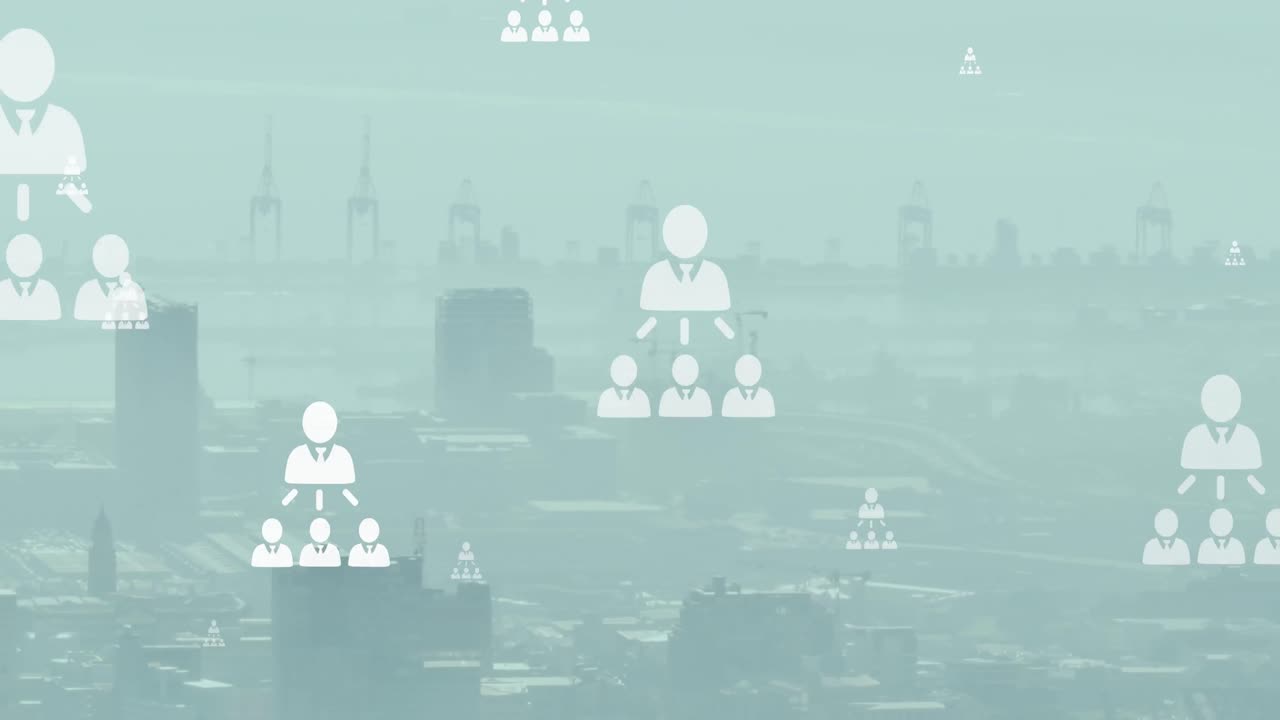 도시 풍경의 공중 전망에 대해 떠다니는 프로필 아이콘 네트워크의 애니메이션