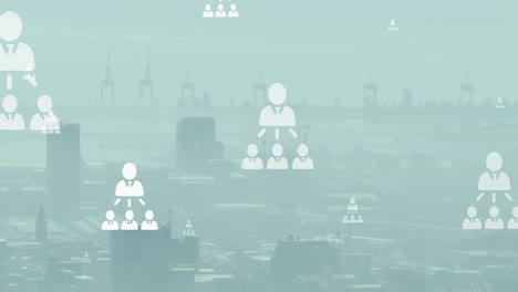 animation of network of profile icons floating against aerial view of cityscape