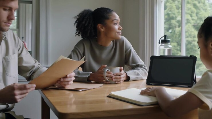 Pulling back revealing woman gray sweater cradling mug at table, man reading folders, child writing