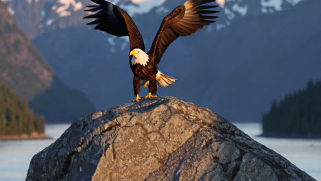 a majestic bald eagle with outstretched wings perched on a rock in a mountainous landscape