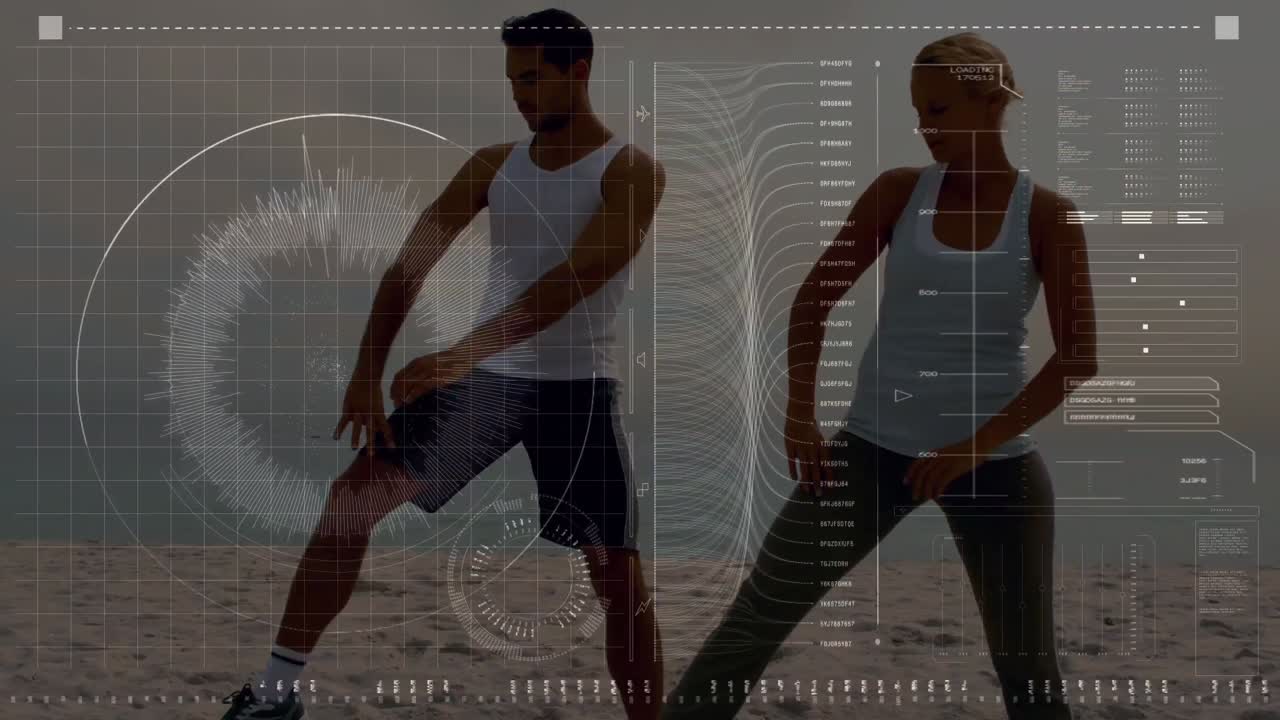 Digital interface with data processing against caucasian couple stretching together at the beach