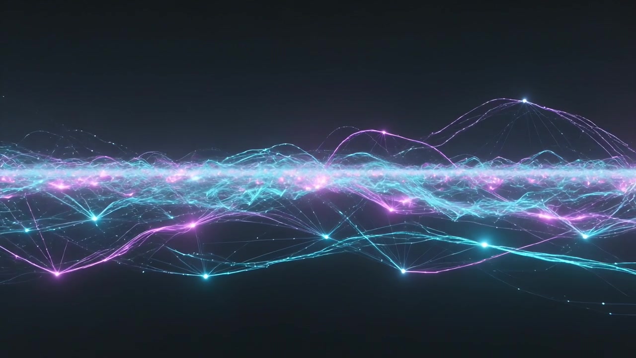Playback starting, animating neon particle ribbon and pulsing nodes in dark space visualizing data