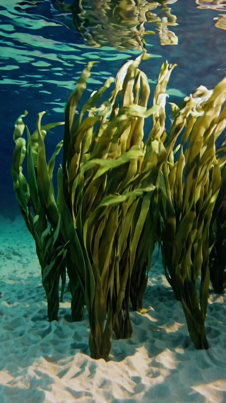 Underwater video captures a low-angle view of swaying seaweed, highlighting the serene movement