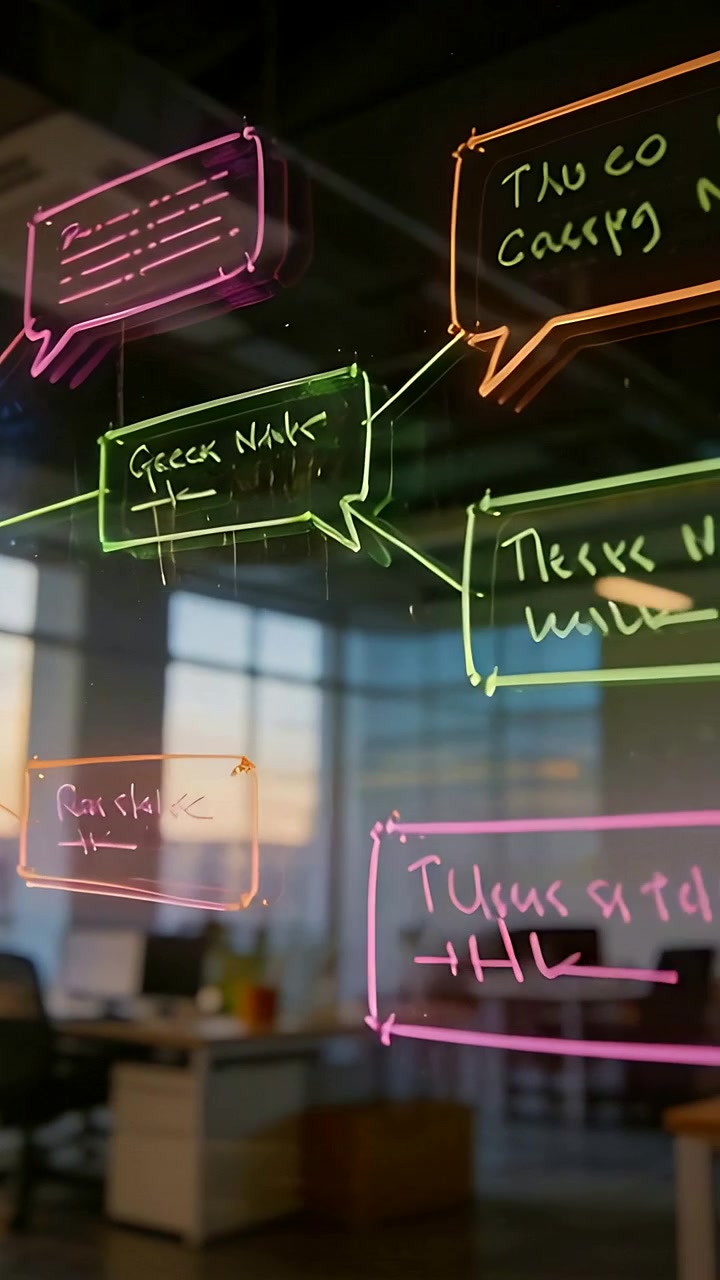 Vertical video: Panning camera revealing neon markers on glass at office, showing brainstorm charts