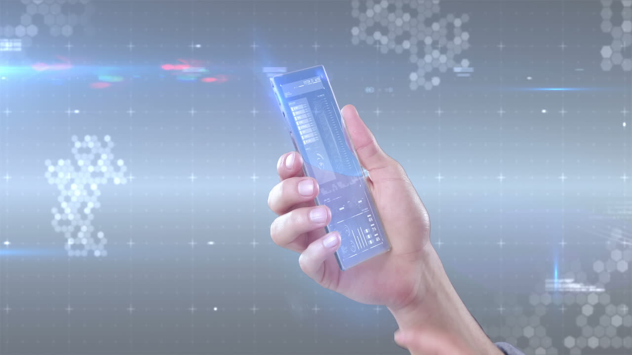 teléfono móvil futurista en la mano contra un fondo generado digitalmente