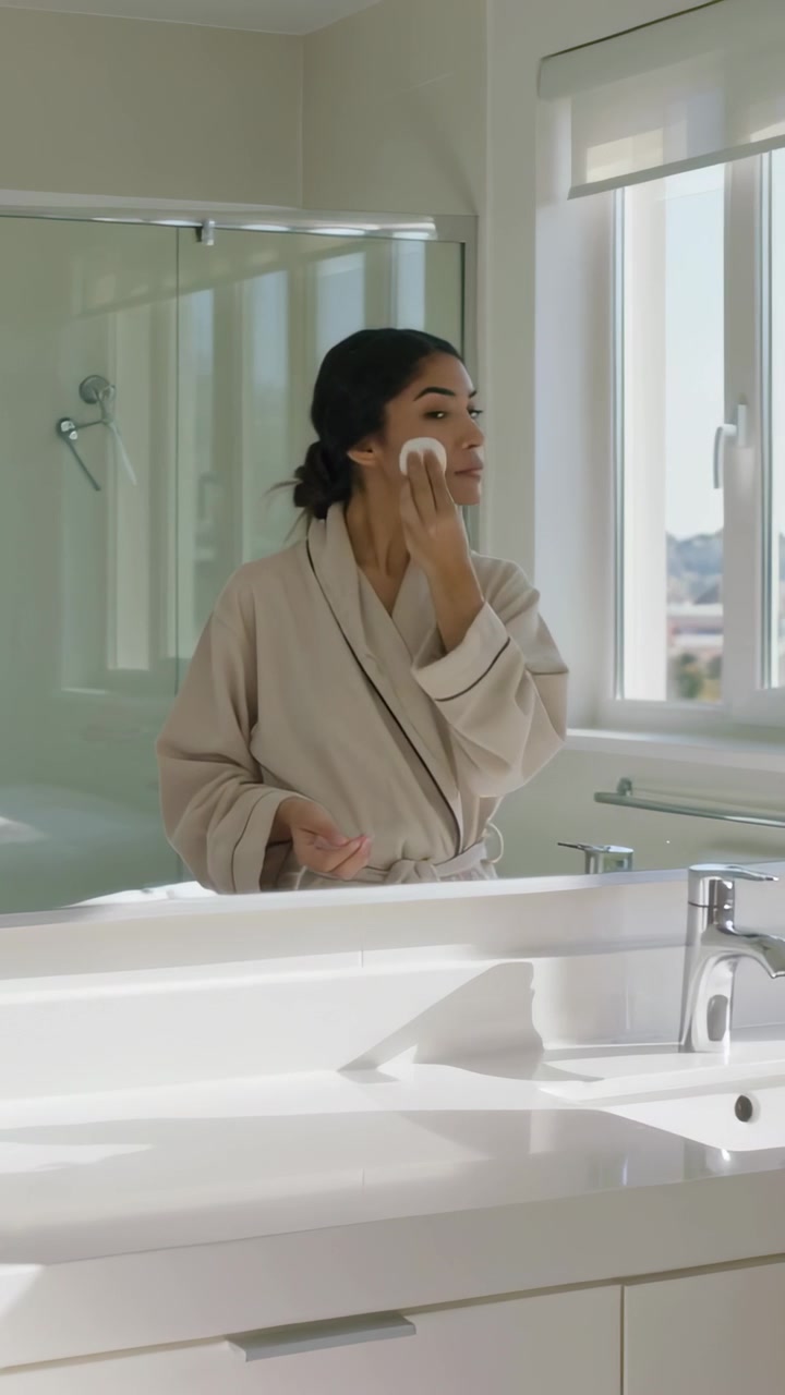Vertical video: Gazing at mirror woman in beige robe performing skincare with cotton pad at vanity