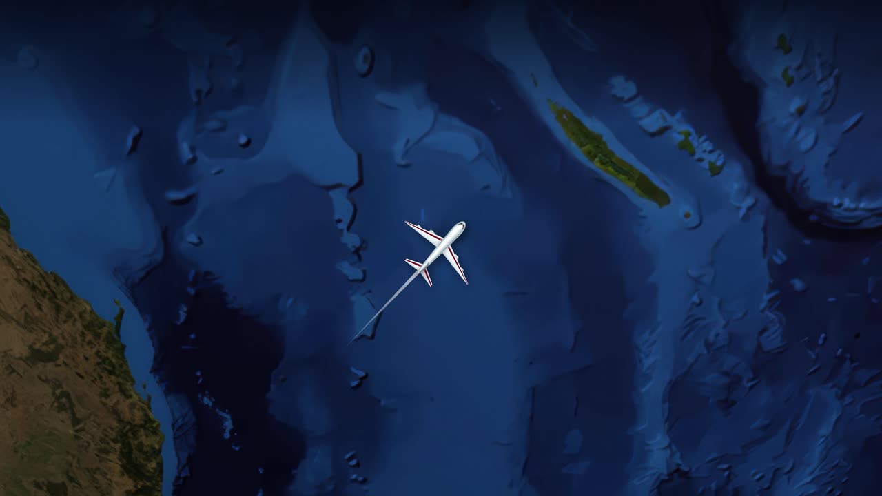 Animazione con vista satellitare segue un'icona di aereo che sorvola l'Oceano Pacifico verso il Nord America.