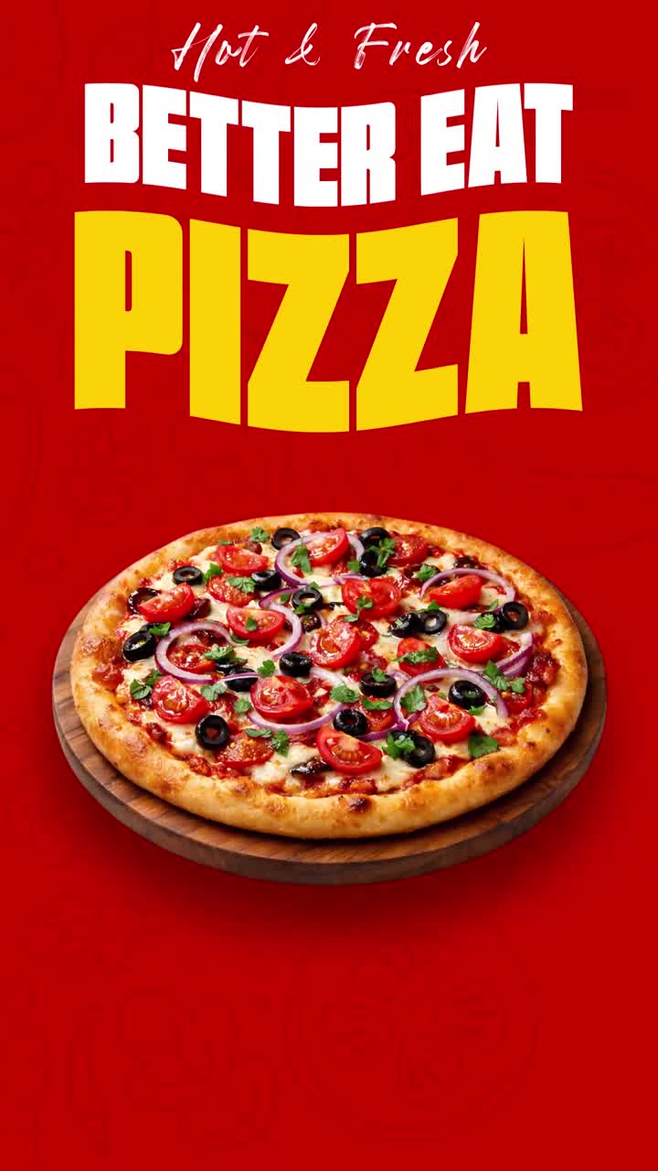 Animeret reklame for varm og frisk pizza med naturlige ingredienser