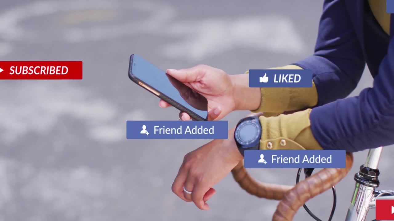 Animation of media icons over caucasian woman using smartphone