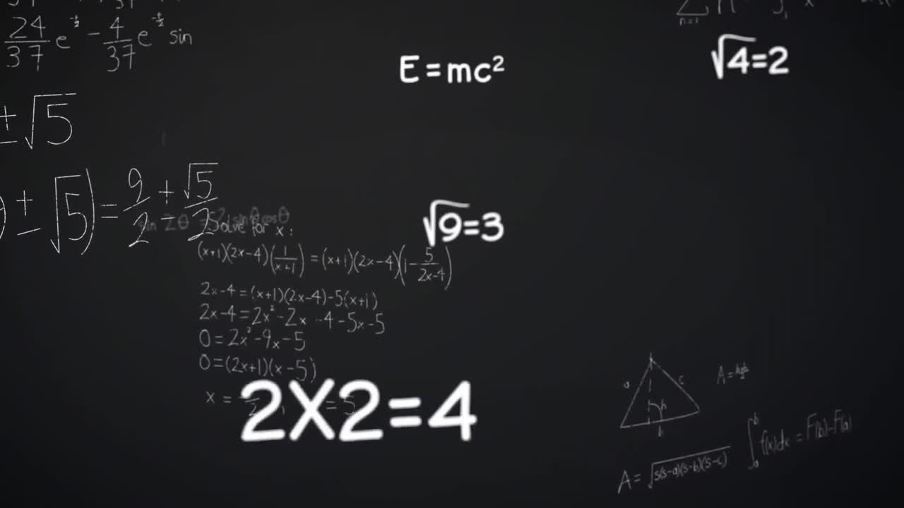 animación de ecuaciones, fórmulas y diagramas matemáticos flotando contra un fondo gris