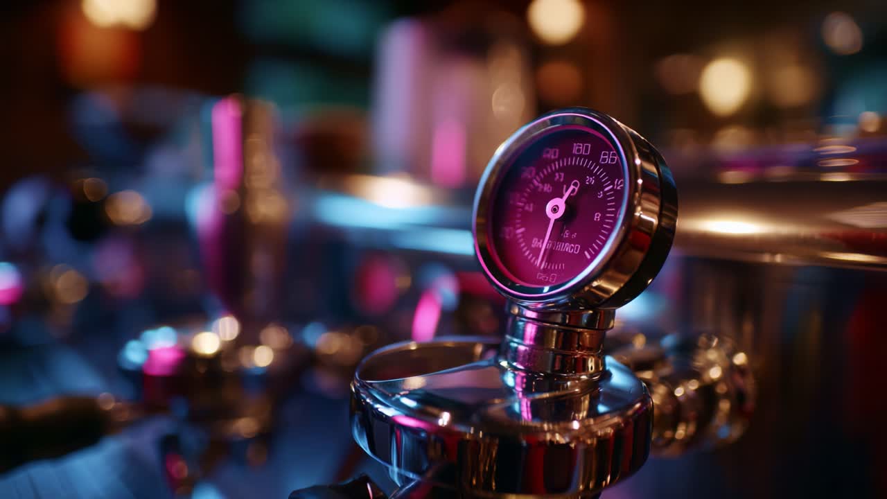 Primo piano di un manometro su una moderna macchina da espresso, che mette in mostra il suo design elegante e le letture precise in un ambiente da bar con illuminazione soffusa