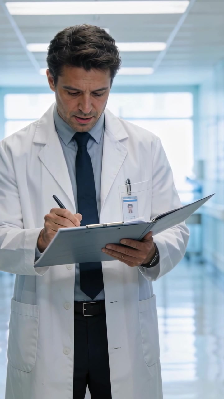 Pionowe wideo: Lekarz w fartuchu laboratoryjnym piszący, czytający notatki z podkładki i aktualizujący wykres długopisem, identyfikator na oddziale.