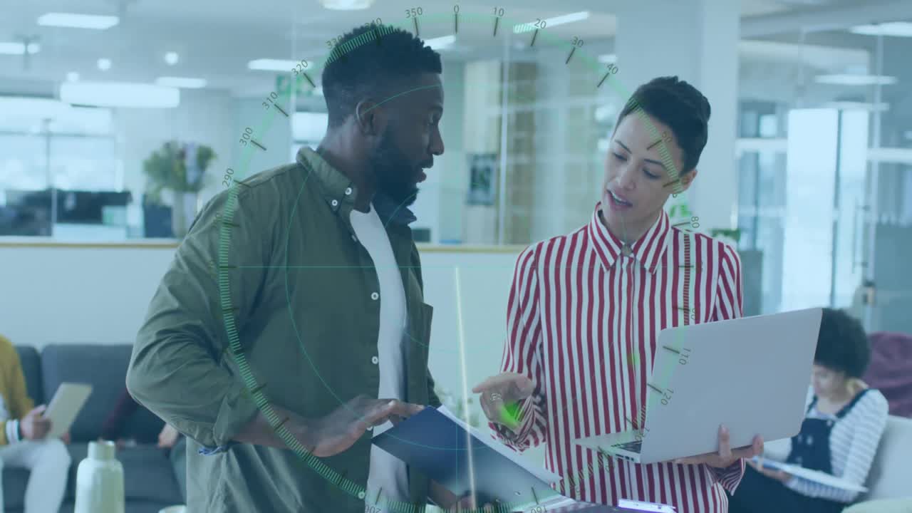 Animation of scope scanning over diverse business people in office