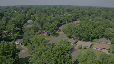 flyover suburban neighborhood with ranch houses and lush trees