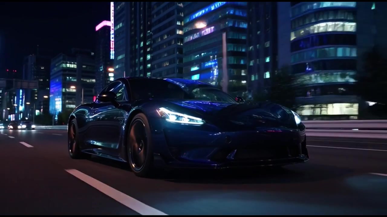 Auto sportiva blu scuro che guida per la città di notte