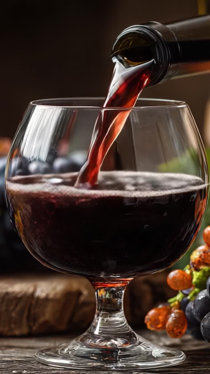 Un'immagine seducente: vino rosso corposo versato in un calice di cristallo, circondato da uva fresca ed elementi in legno naturale, che cattura l'essenza della raffinatezza e del piacere.