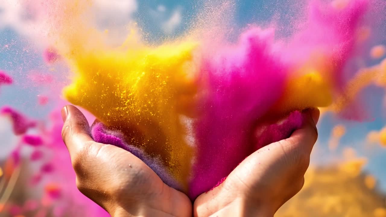 Hands releasing vibrant yellow and pink Holi powder