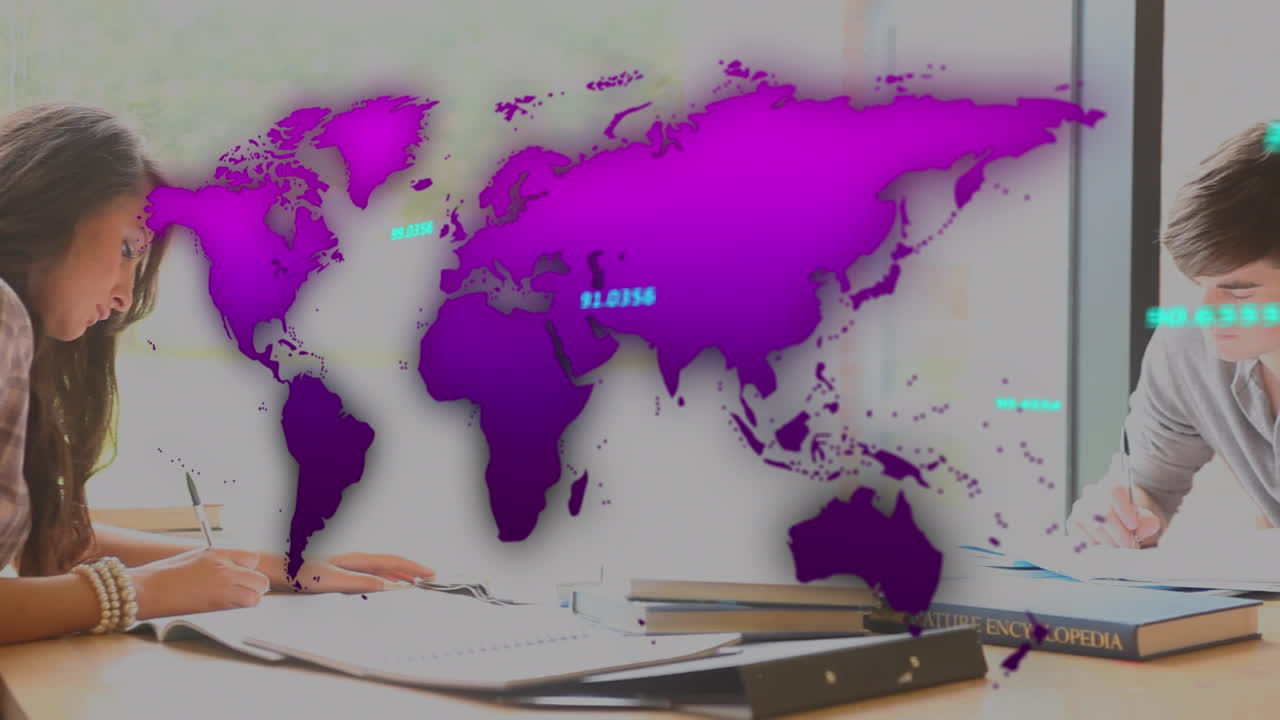 animación del mapa del mundo y procesamiento de datos sobre diversas personas que leen libros