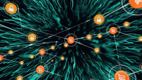 animation of network of connections with digital icons over green explosion