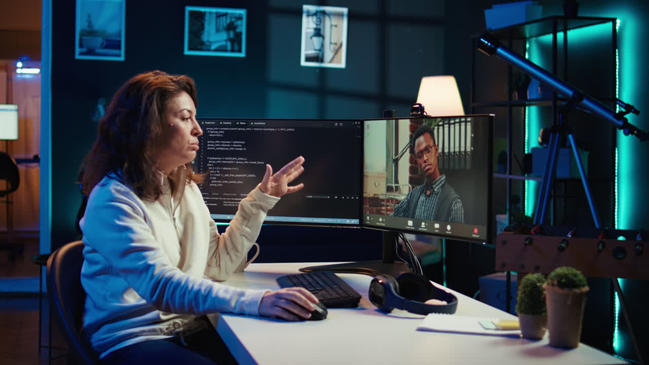Woman doing software debugging helped by coworker in videocall