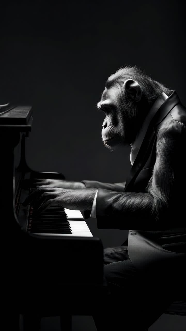 A chimpanzee in a tuxedo plays piano in a dramatic side angle shot
