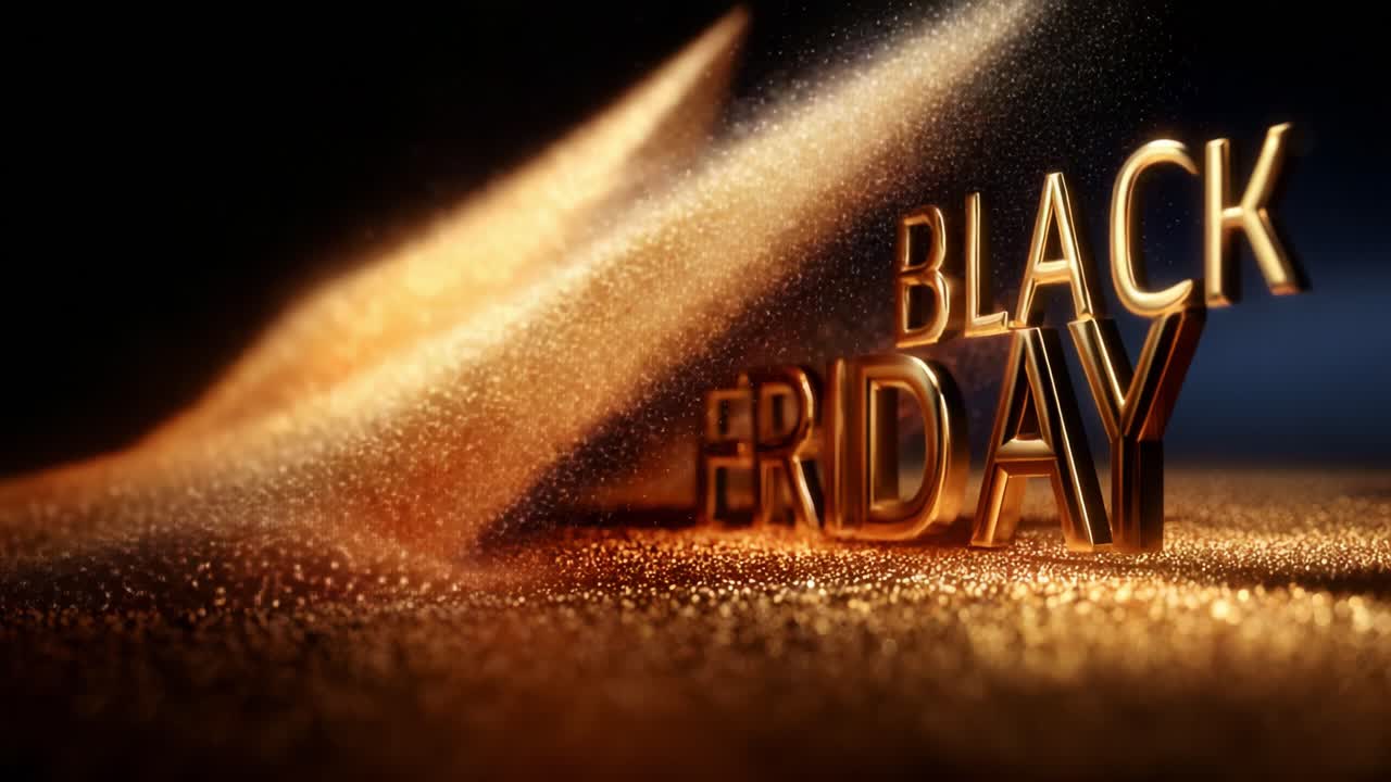 Dynamic Visual Representation of Black Friday Promotion with Golden Text and Particle Effects, Emphasizing Excitement and Anticipation for Sales Events in an Artistic Presentation