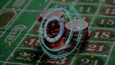 animation of neon round scanner and golden confetti over stack of casino poker chips on a table