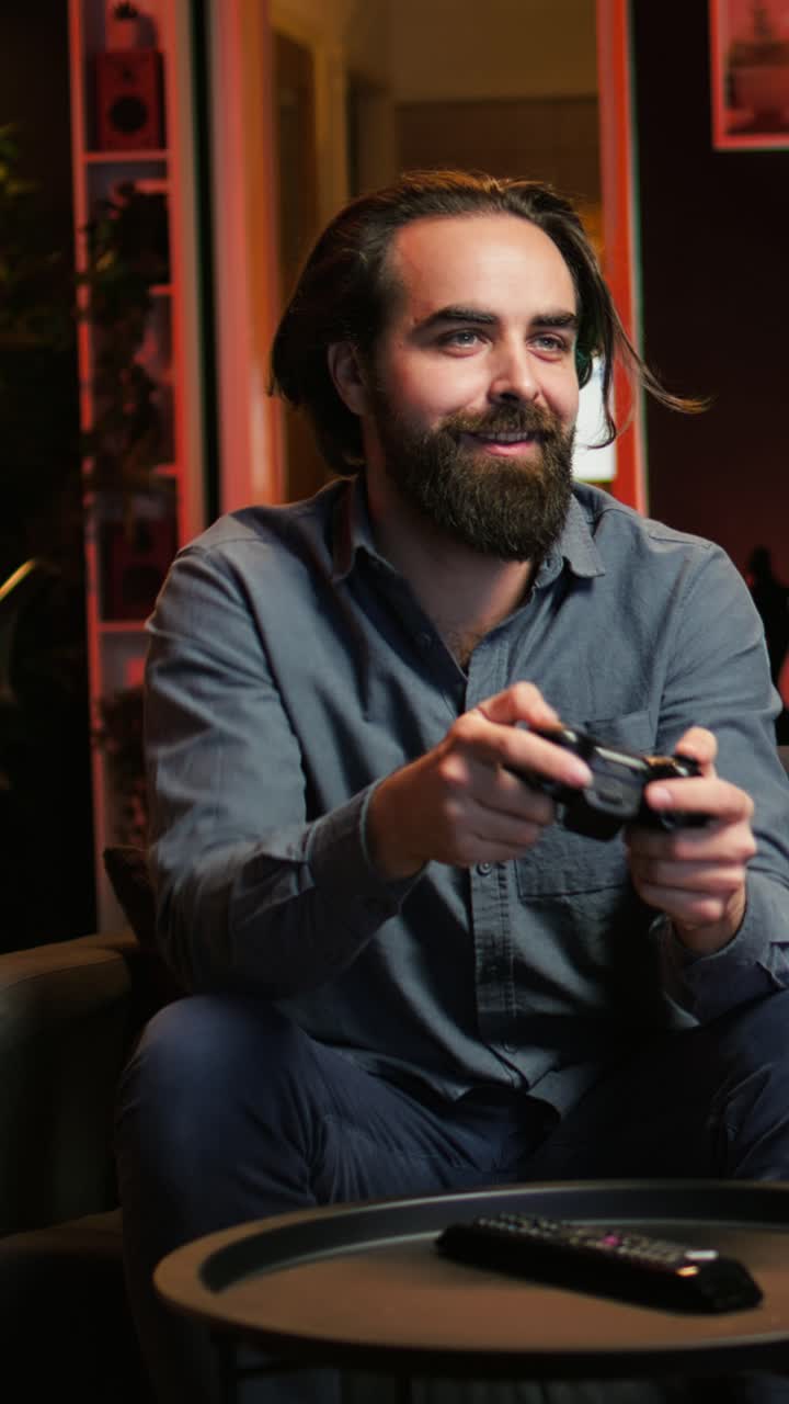 Vertical video Cheerful gamer rushing home to play newly released game