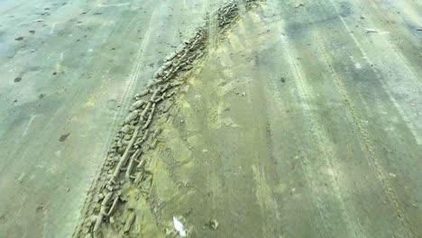 traces on the sandy shoreline of tropical beach. pullback shot