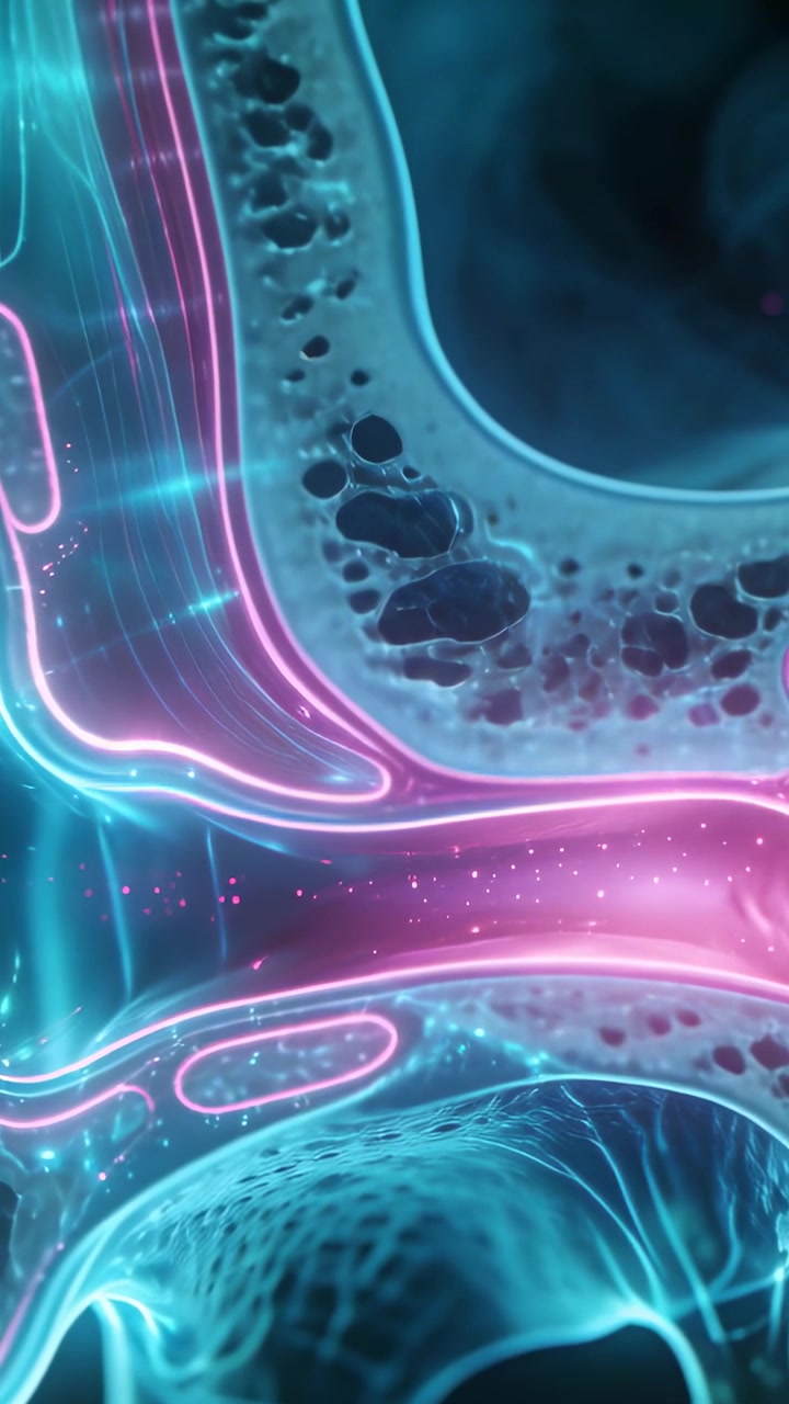 Vertical video: Pulsing magenta channel driving cyan tube moving motes through matrix in tissue