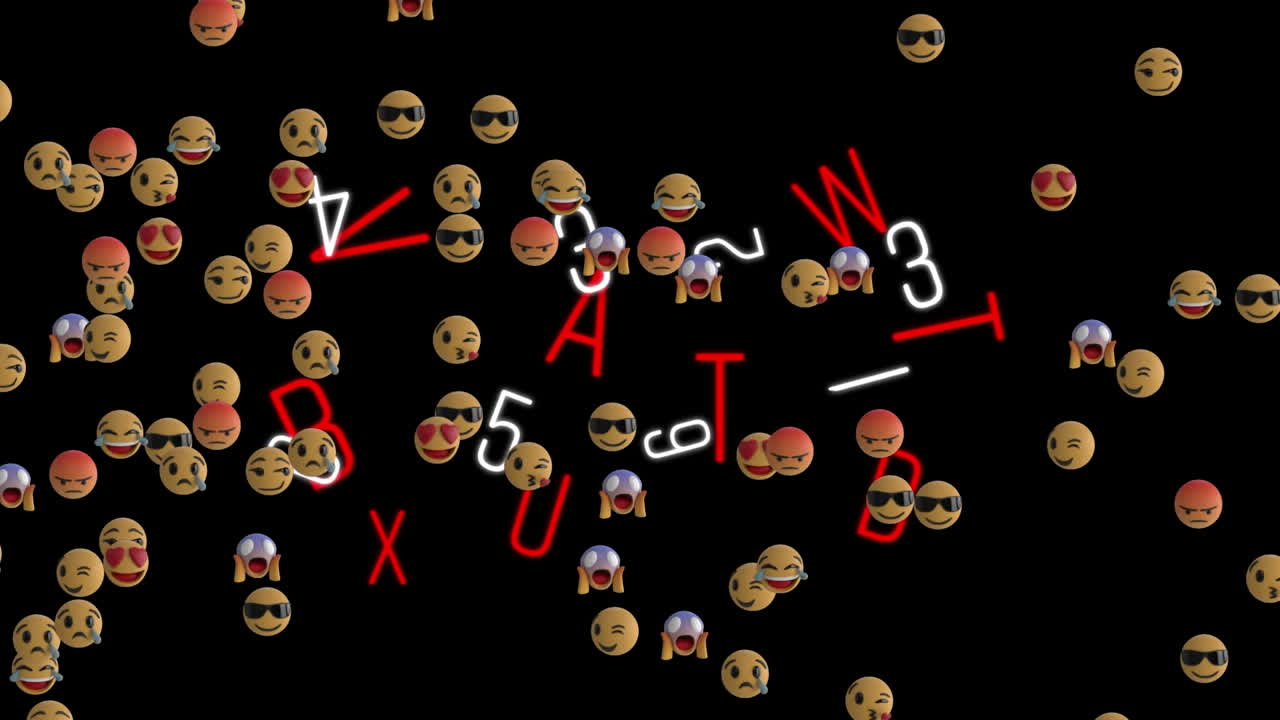 검은 바탕에 변화하는 글자 위에 떠 있는 이모티콘의 애니메이션