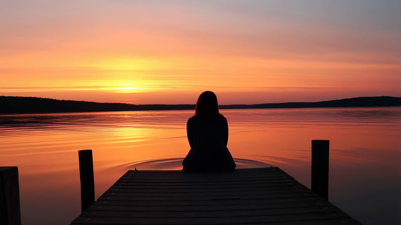 Silhouette of a Person Sitting on a Dock at Sunset