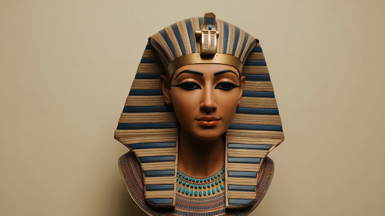 Spinning turntable rotating bust showing ancient Egyptian queen wearing nemes headdress in gallery