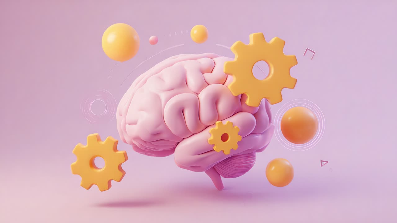 A Stunning 3D Illustration of a Brain with Gears and Circles Represents Cognitive Processes, Knowledge, and Innovative Thinking in a Playful and Engaging Art Style