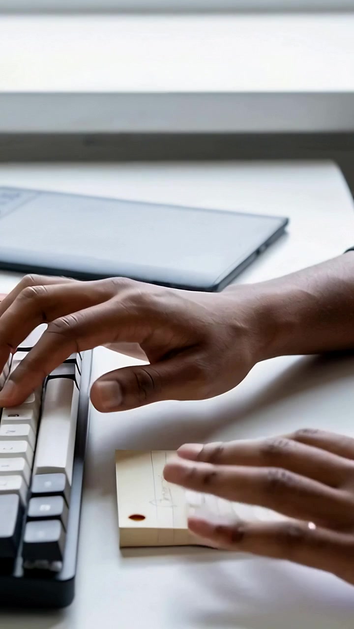 Vertical video: Starting with hands on keyboard at window desk, hands typing and touching notes