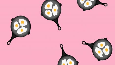 Animation-of-frying-pans-with-fried-eggs-falling-on-pink-background