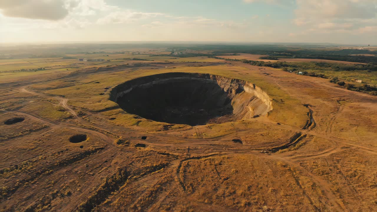 Aerial View of a Massive Sinkhole in a Dry Landscape