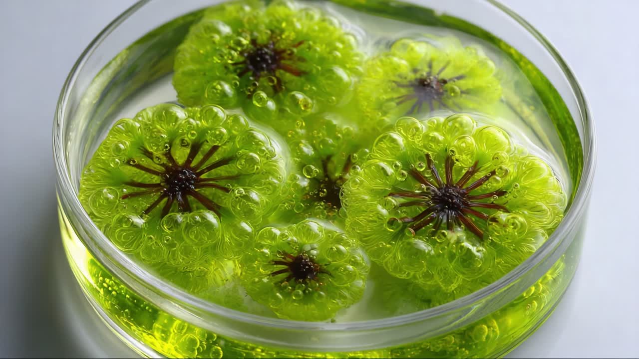 Captivating Close-Up of Vibrant Green Organisms in a Petri Dish: Examining Nature's Intricate Beauty and Structure through Bubbles and Flora