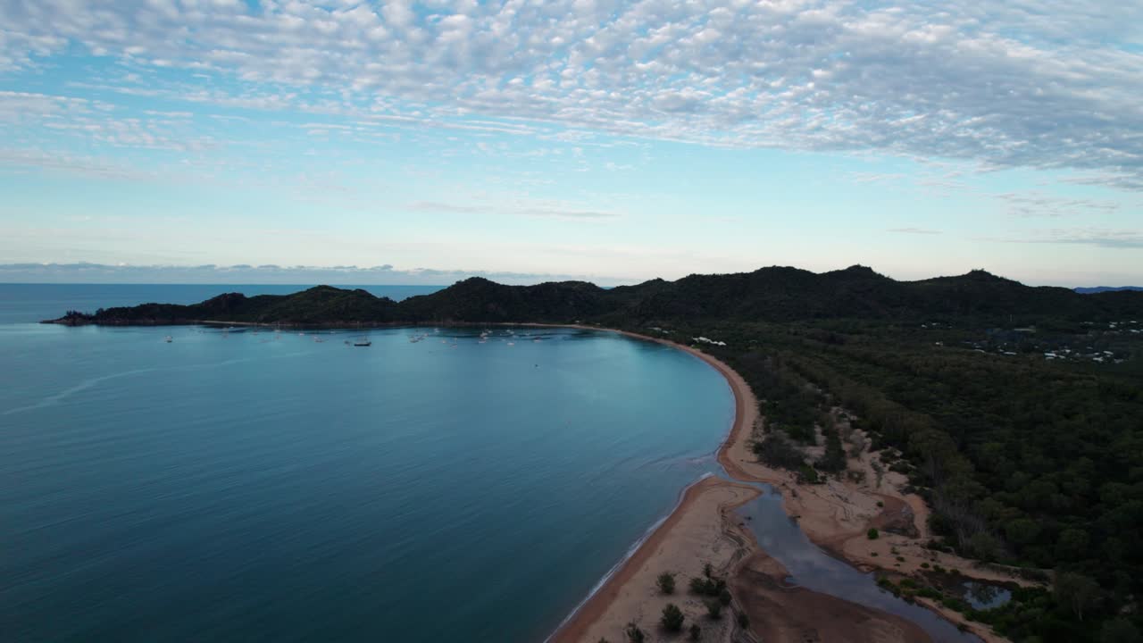drone shot over horseshoe bay on Magnetic Island just before sunset, queensland australia