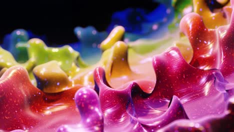 smooth abstract animation of liquid gradient rainbow color in 4k. bright glossy paint surface as abstract looped festive background. glitters on viscous liquid with 3d splashes on surface like drops.