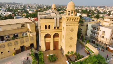 ornate al burhani mosque facade, karachi - aerial panoramic