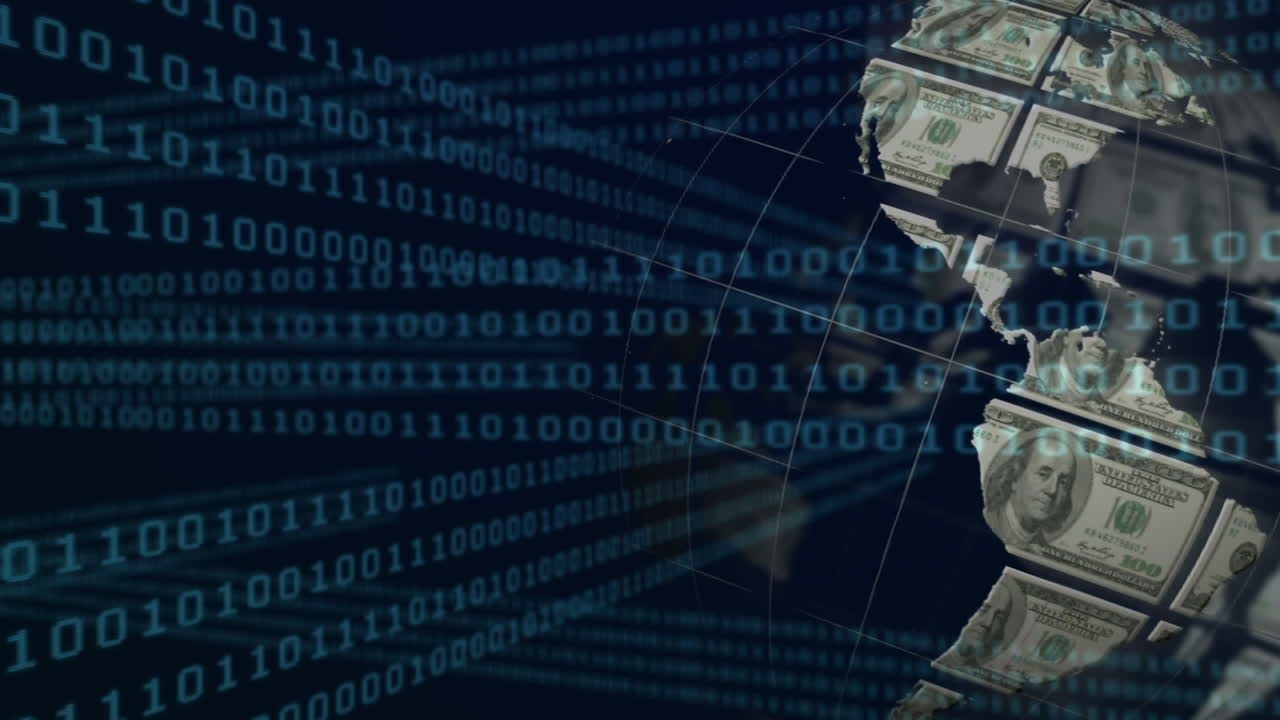 animazione di globo con banconote in dollari su elaborazione dei dati su sfondo nero