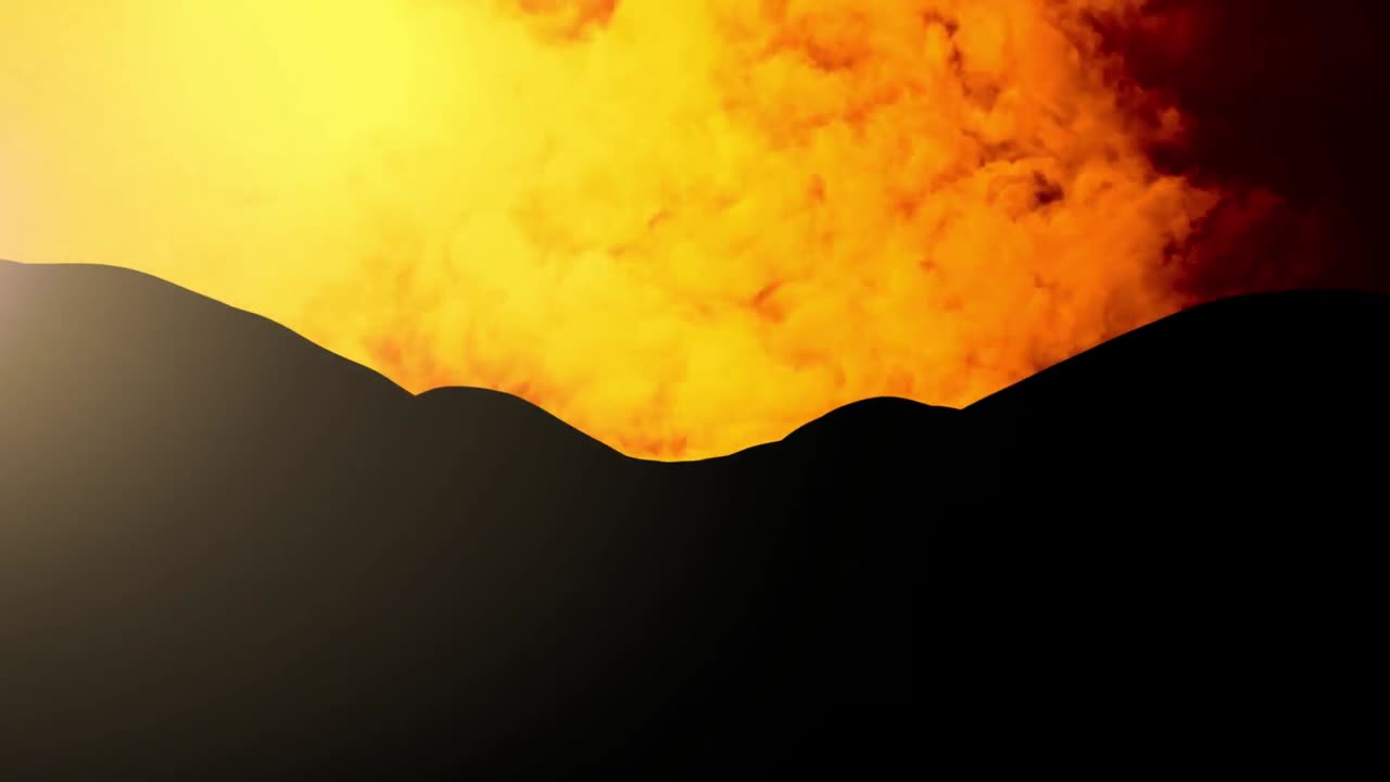 해가 지는 산과 함께 시골 풍경 위로 이동하는 오렌지색과 노란색 구름의 애니메이션