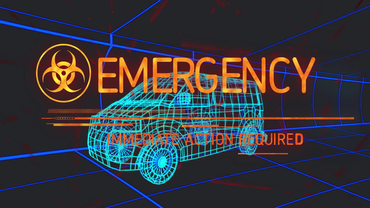 Emergency alert text over wireframe vehicle and grid background animation