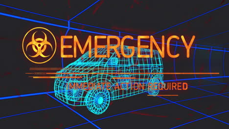 emergency alert text over wireframe vehicle and grid background animation