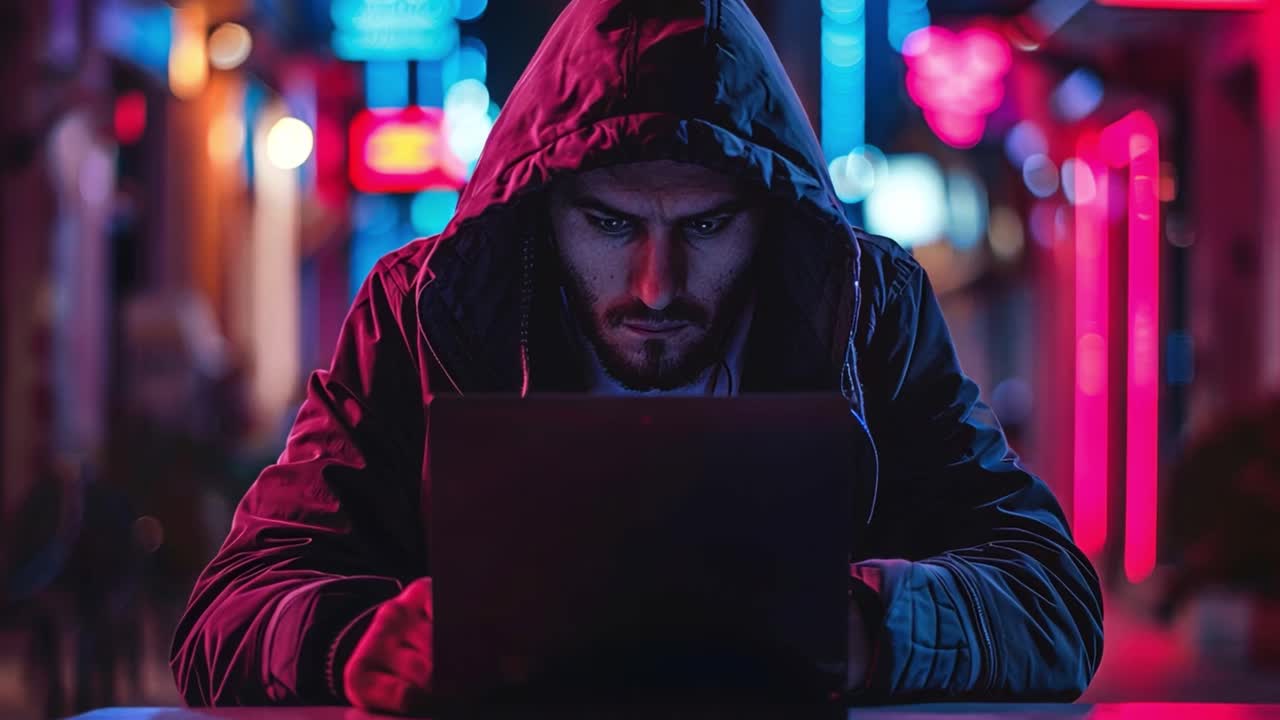 Mysterious Hacker Working on Laptop in Neon-Lit City at Night