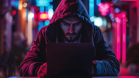 mysterious hacker working on laptop in neon-lit city at night