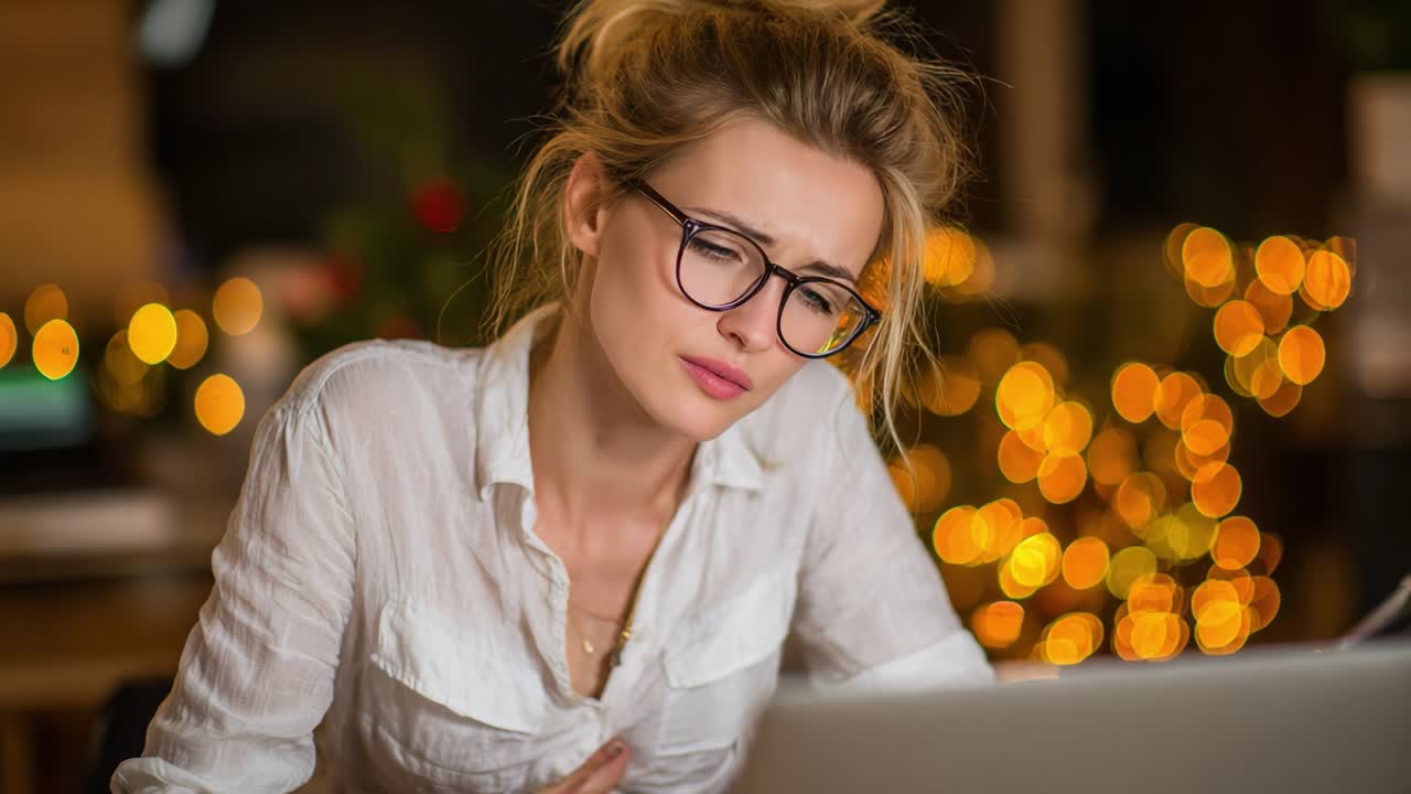 En ung kvinde med briller, der oplever frustration, mens hun arbejder på sin bærbare computer midt i en hyggelig ferieindstilling med bløde bokeh-lys
