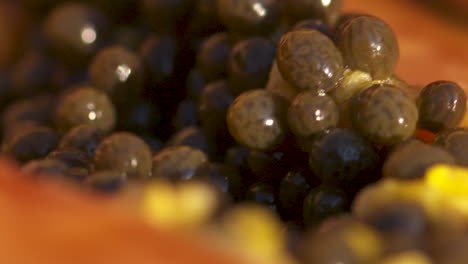 slow motion macro close-up of the seeds being scooped out of a delicious, fresh, juicy papaya